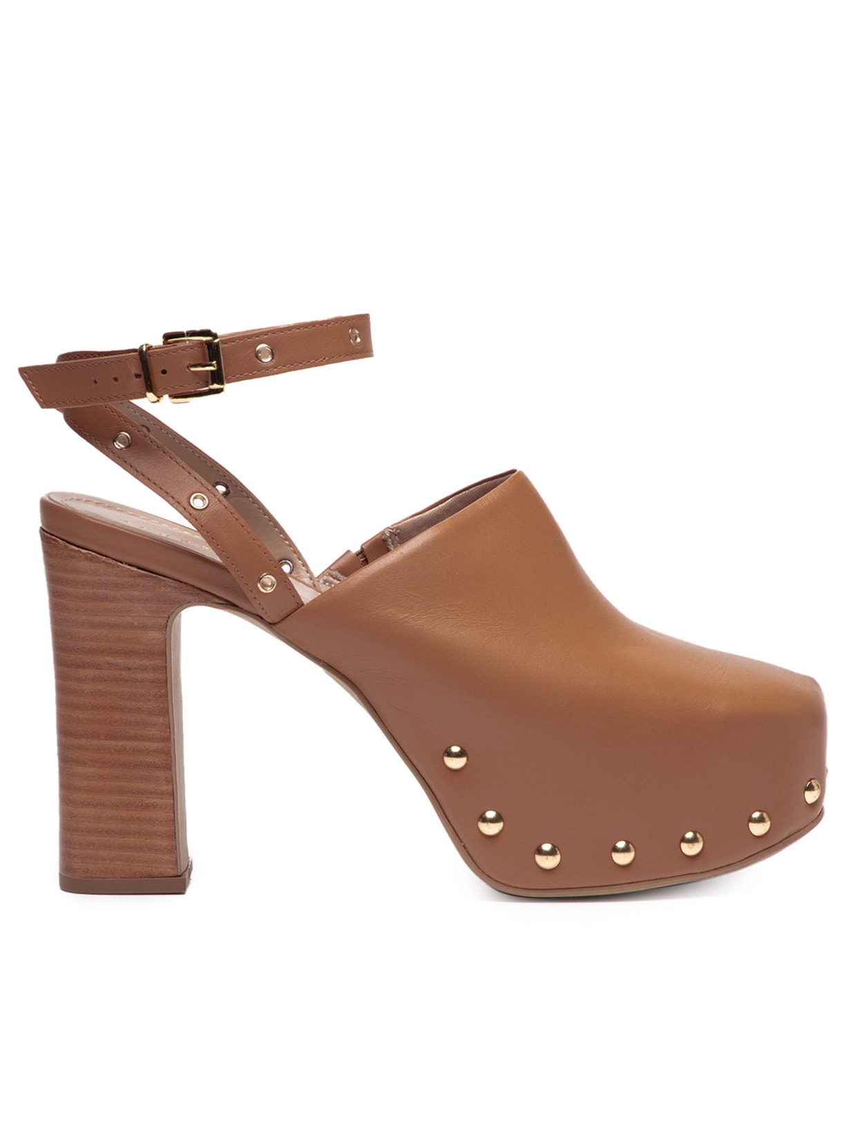 Sapato Feminino Meia Pata Em Couro Com Salto Grosso Alto - Marrom