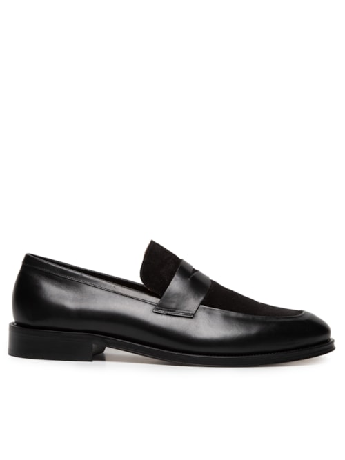 Sapato Masculino Loafer Em Camurça E Couro Legítimo - Preto