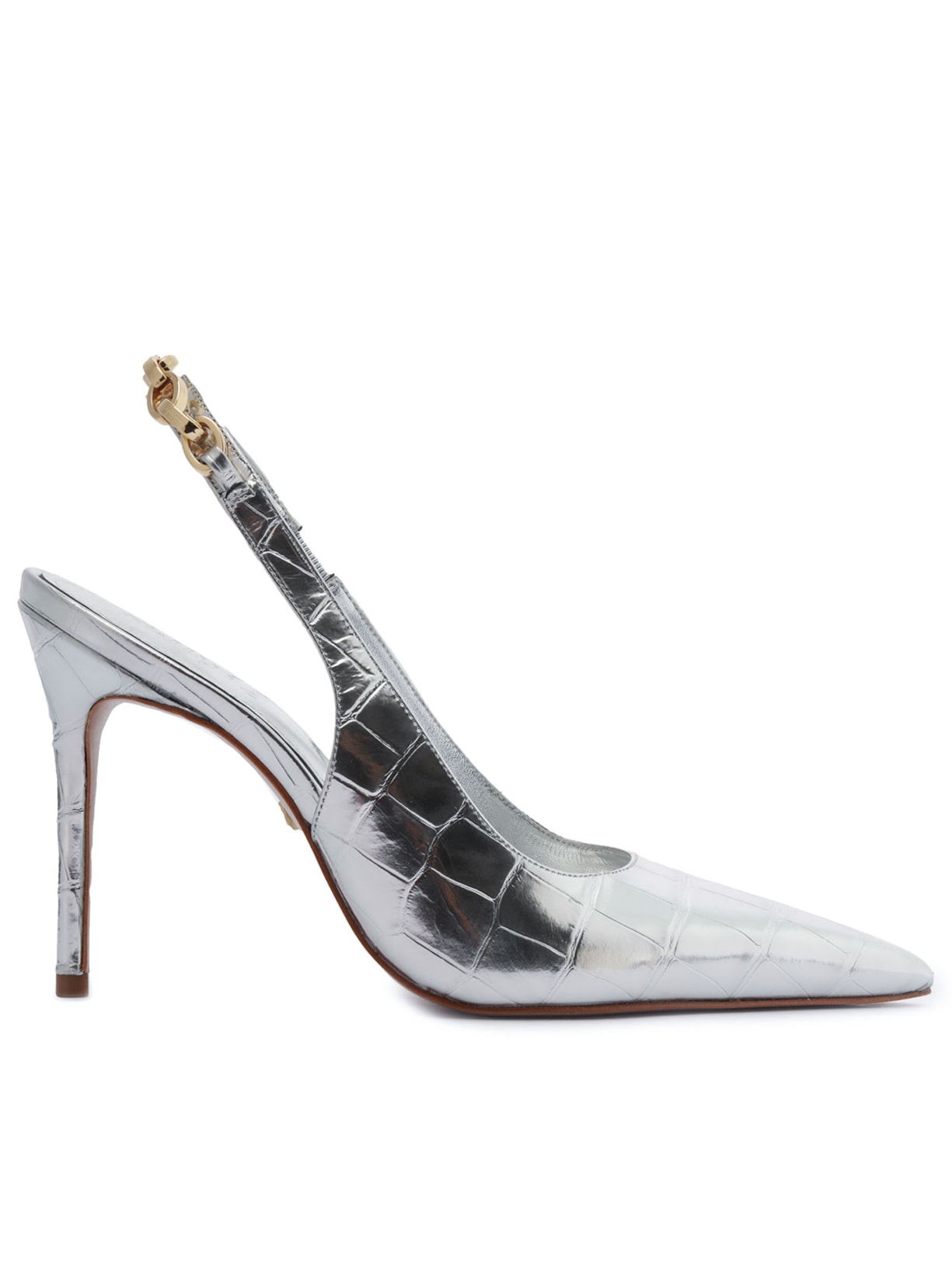 Scarpin Chain Ornamental Couro Croco - Prata