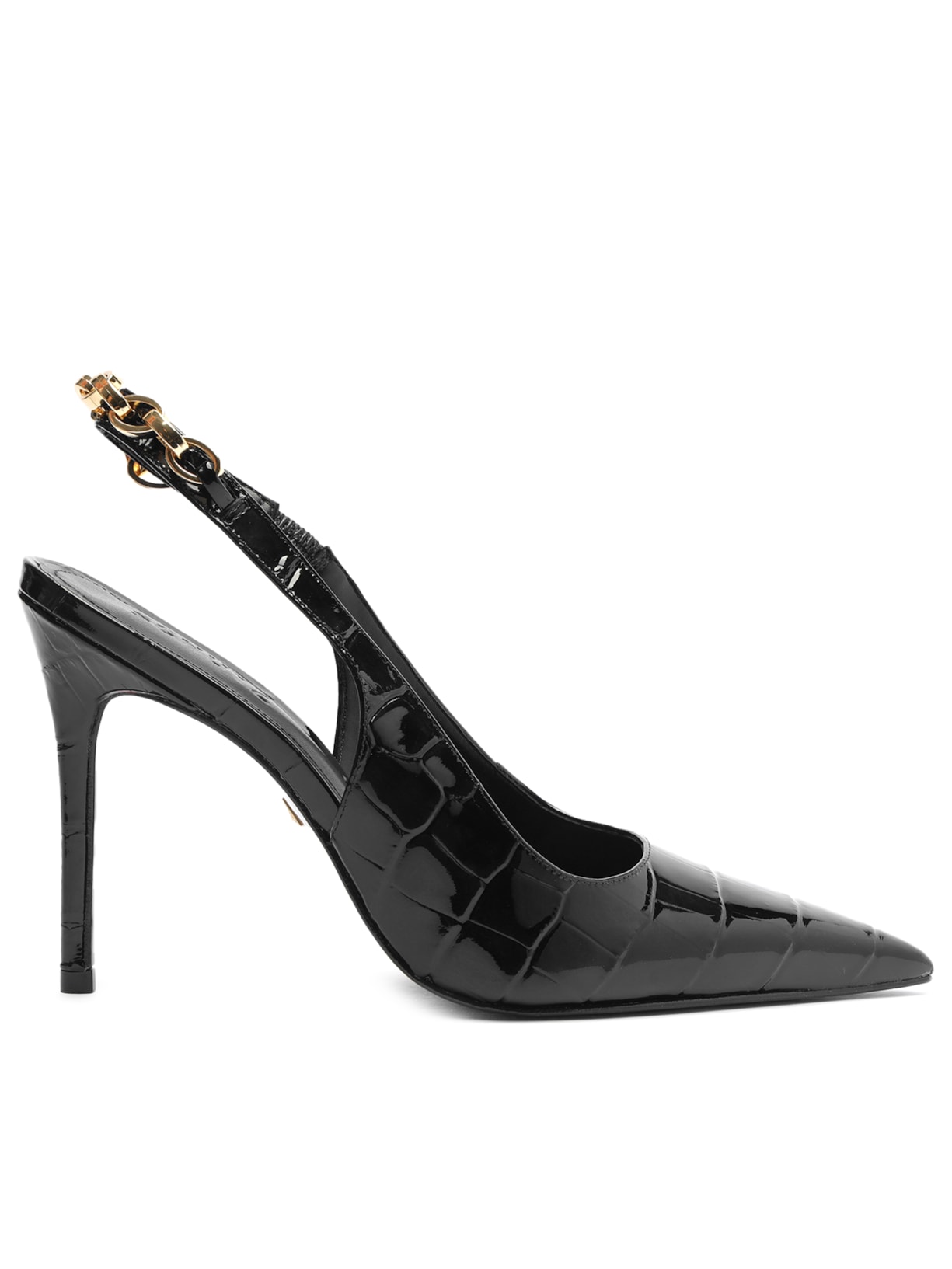 Scarpin Chain Ornamental Couro Croco - Preto