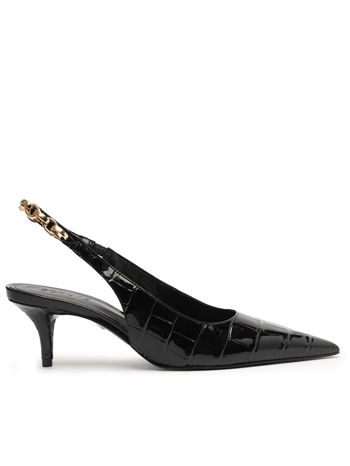 Scarpin Chain Ornamental Salto Baixo Couro Croco - Preto