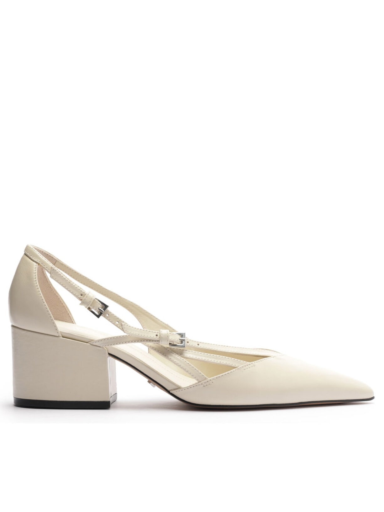 Scarpin Couro Bloco Semi Aberto Fivelas - Branco