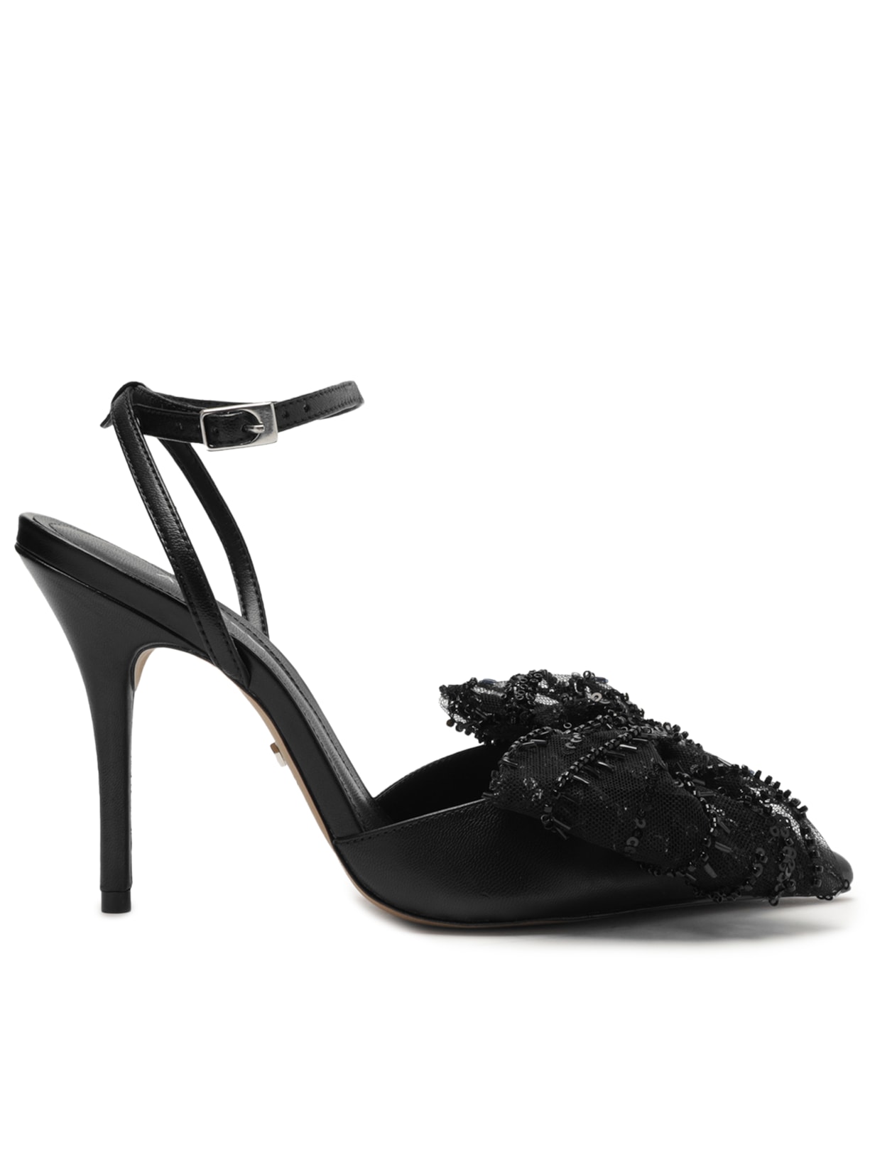 Scarpin Couro Salto Alto Laço Paetês - Preto