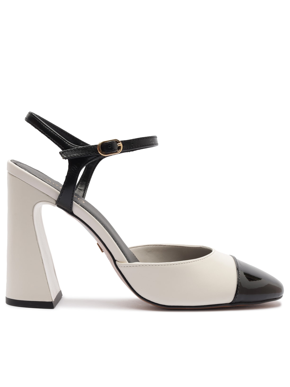 Scarpin Couro Salto Bloco Slingback Cap Toe - Branco