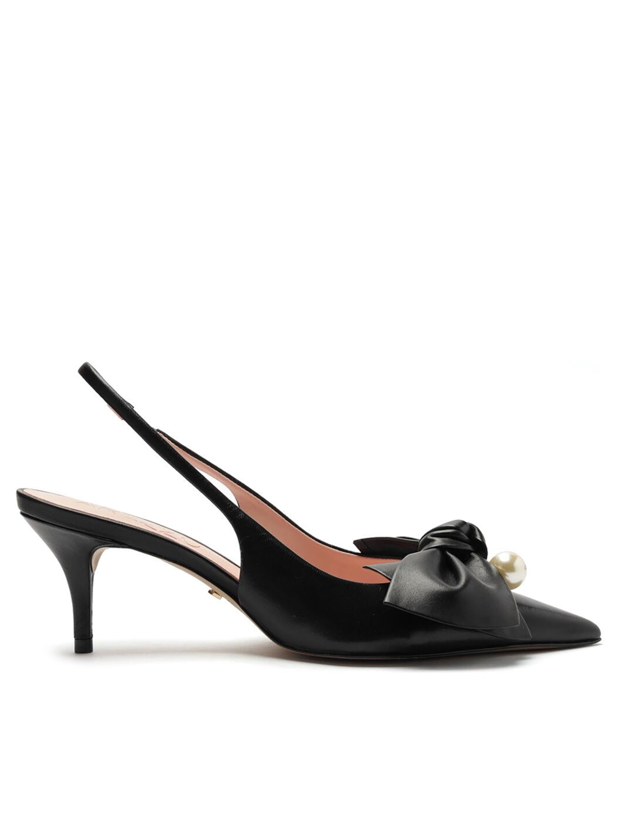 Scarpin Couro Slingback Laço Pérolas - Preto
