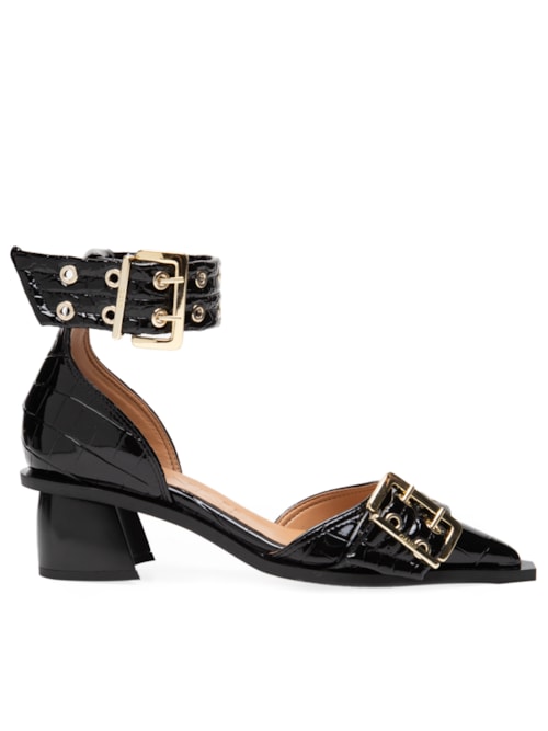 Scarpin Croco Patent Feminine Buckle Open Cut Pumps - Preto