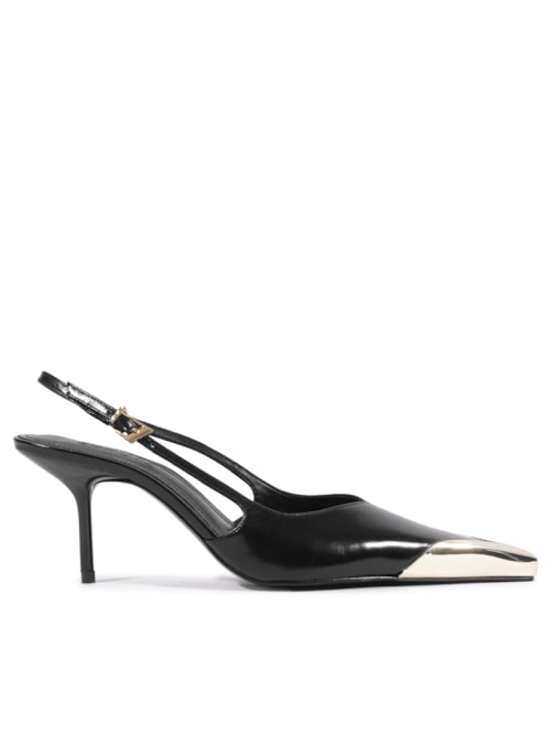 Scarpin Feminino Slingback Biqueira De Metal Couro - Preto