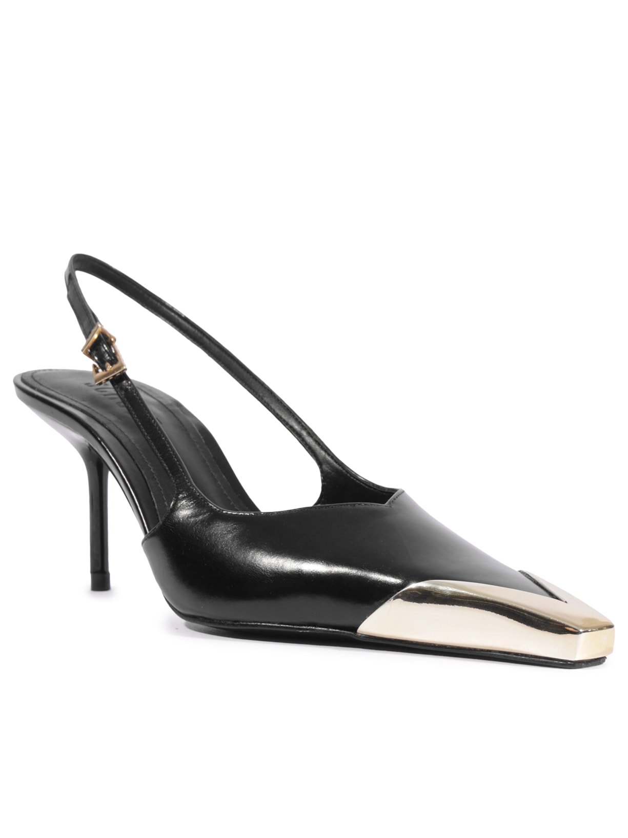Scarpin Feminino Slingback Biqueira De Metal Couro Preto Schutz