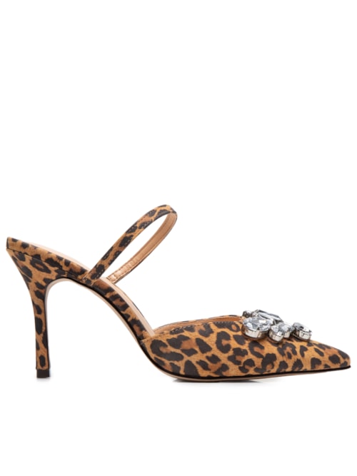 Scarpin Salto Alto Fino Em Couro Nobuck Onça Com Maxi Cristal Frontal - Animal Print