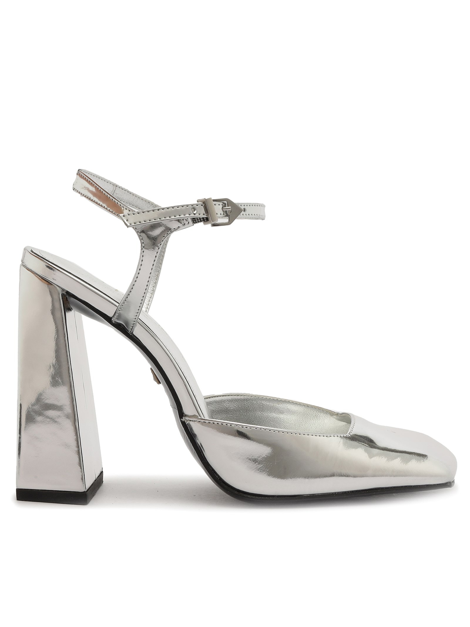 Scarpin Salto Bloco Alto Couro - Prata