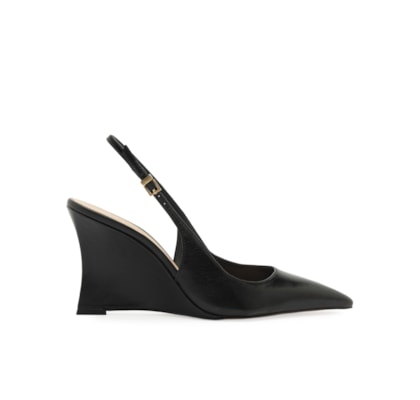 Scarpin Slingback Anabela Couro Salto Alto - Preto