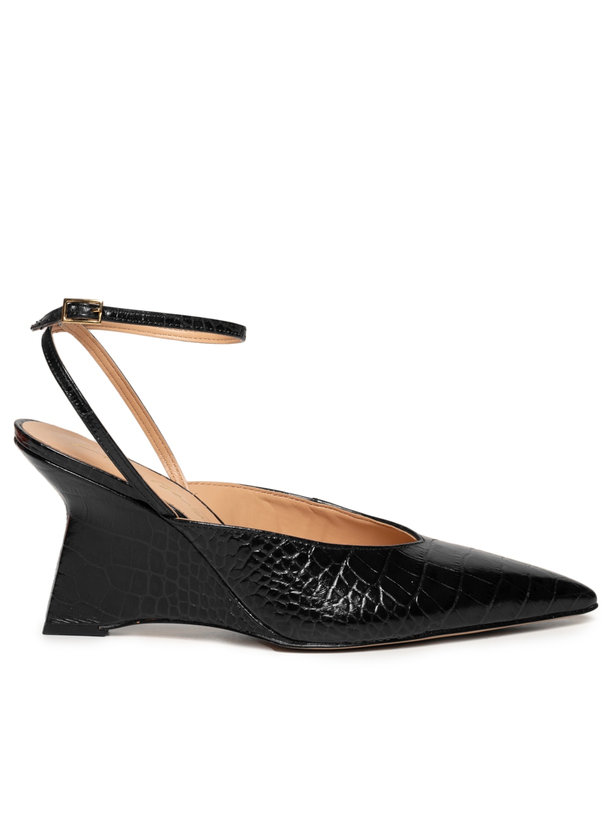 Scarpin Slingback em Couro Croco e Salto Anabela - Preto