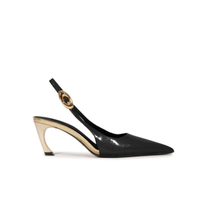 Scarpin Slingback Salto Médio Verniz Couro - Preto