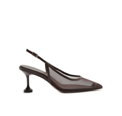Scarpin Slingback Tela Salto Kitten - Marrom