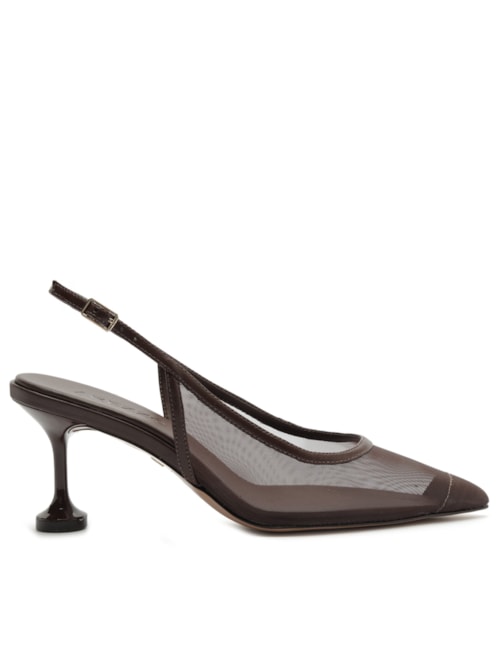 Scarpin Slingback Tela Salto Kitten - Marrom