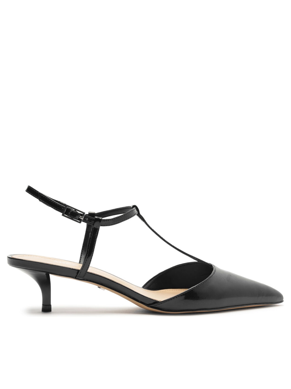 Scarpin Verniz Salto Kitten Aberto Tiras - Preto