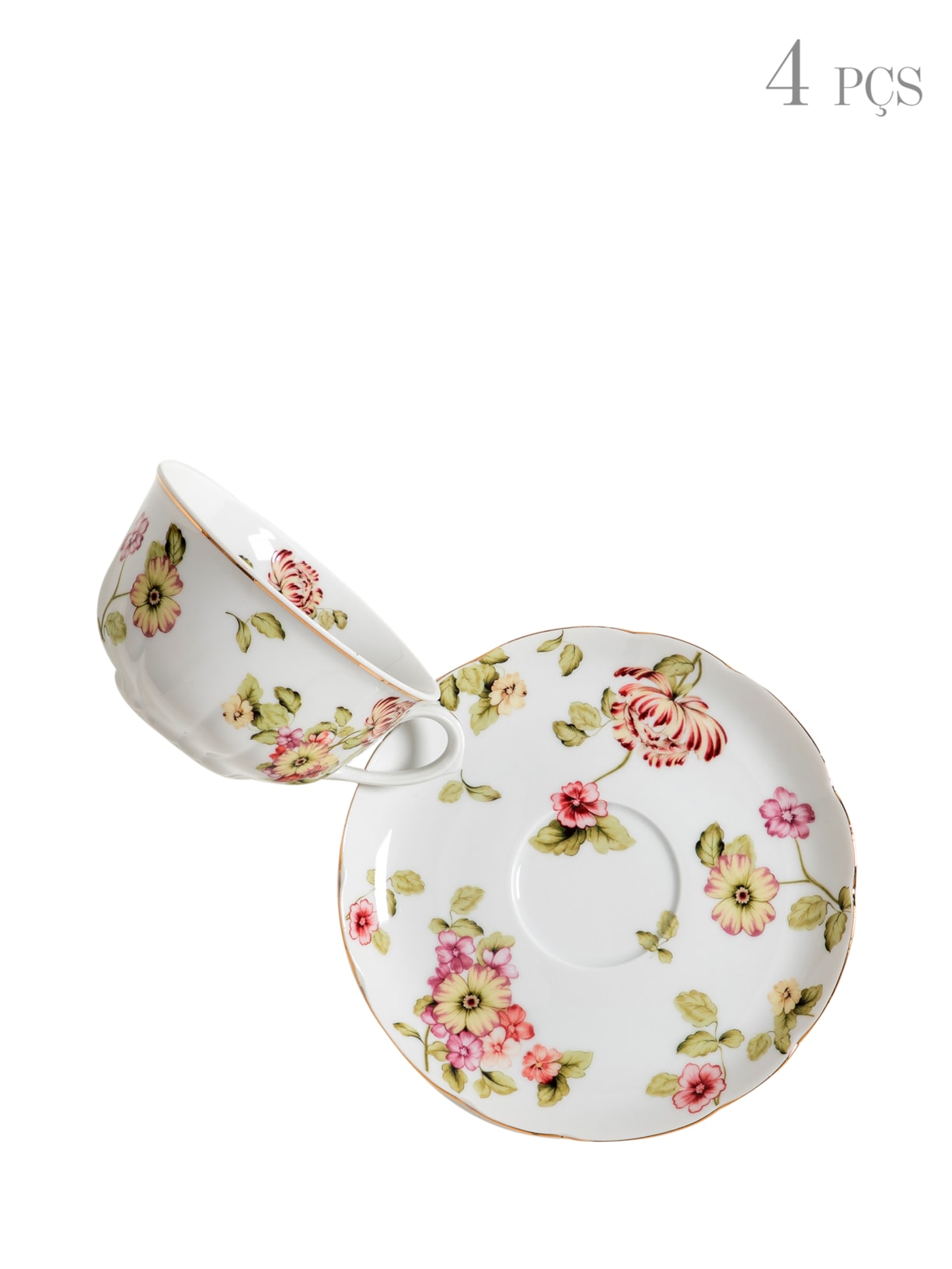 Set Xícara de Chá + Pires Flor do Ocidente 4 Peças - Branco