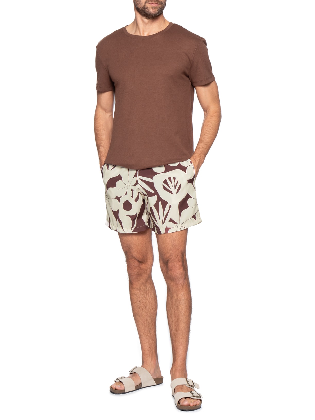 Short Beachwear Masculino Estampa Geométrica  Bege Basiq Men