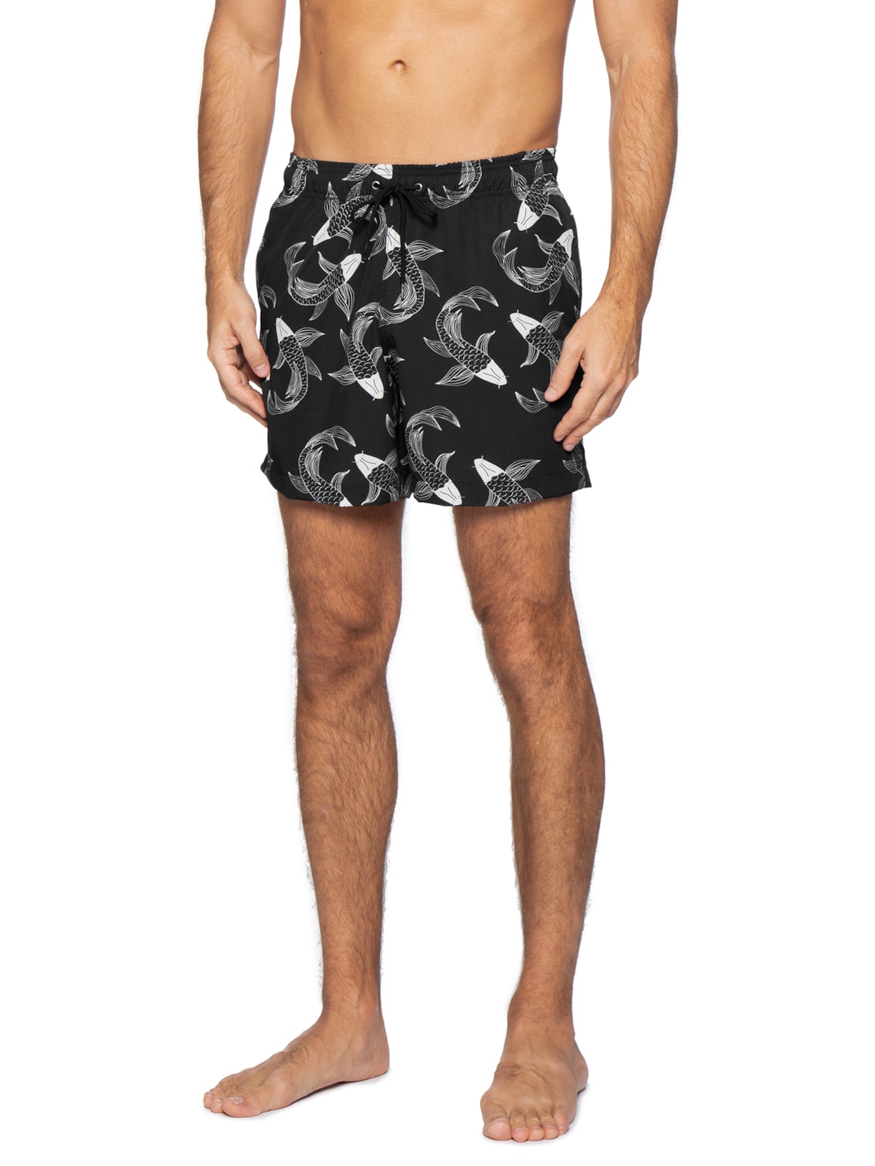 Short Beachwear Masculino Estampa Peixe  Preto Basiq Men