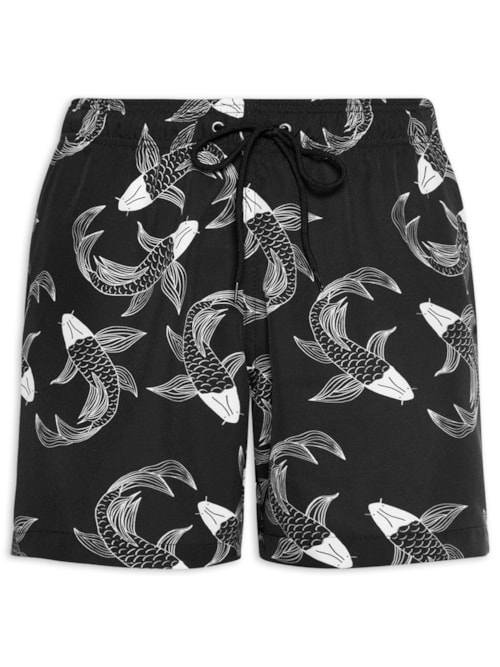 Short Beachwear Masculino Estampa Peixe – Preto