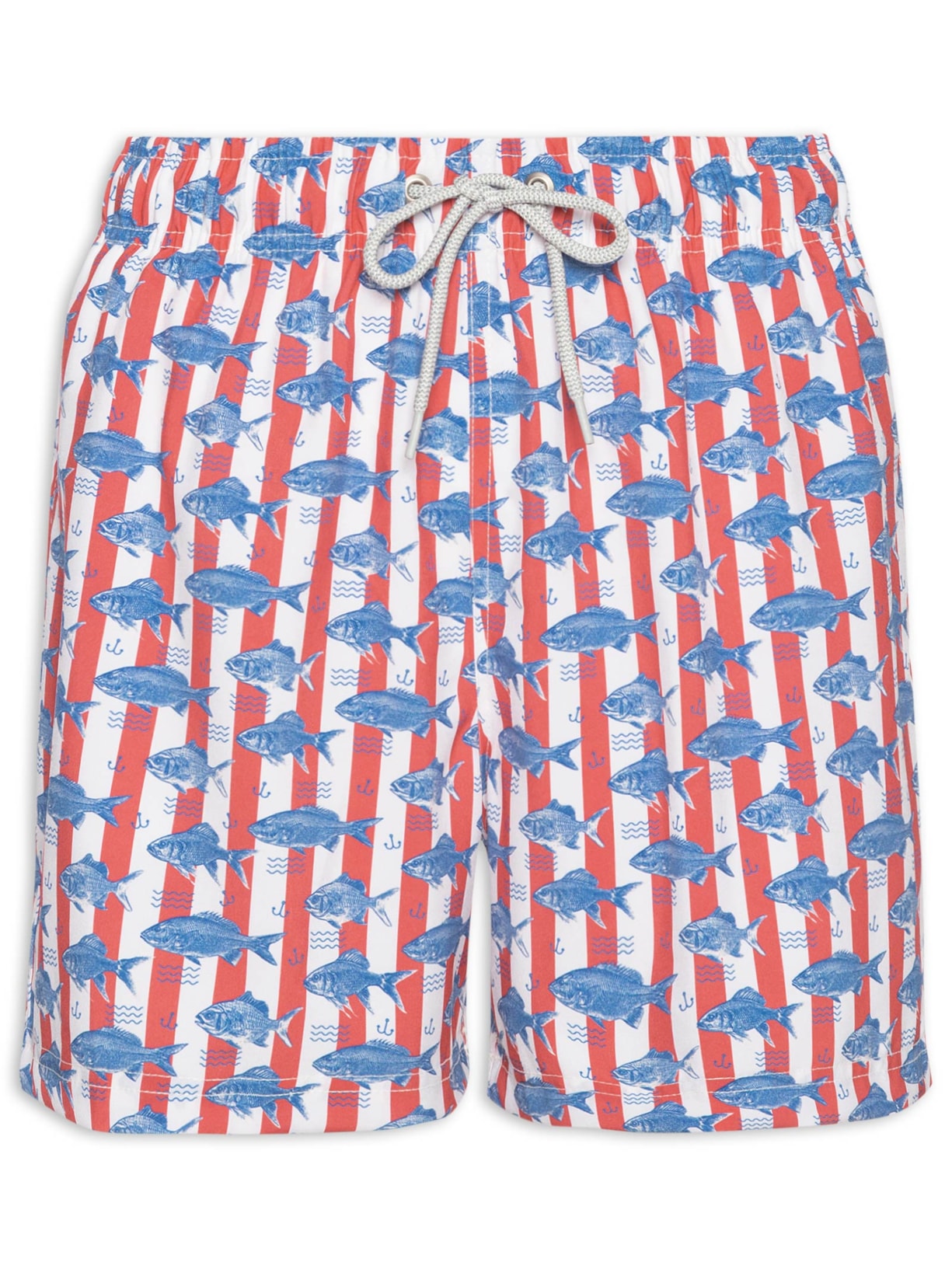Short De Praia Masculino Peixe Listras - Vermelho