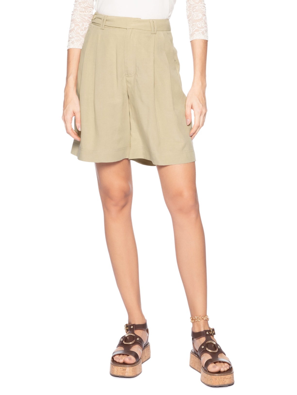 Short Feminino Alfaiataria Marieta Bege Animale Jeans