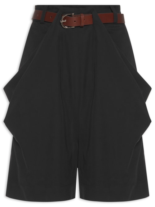 Short Feminino Alfaiataria Pregas Com Cinto - Preto