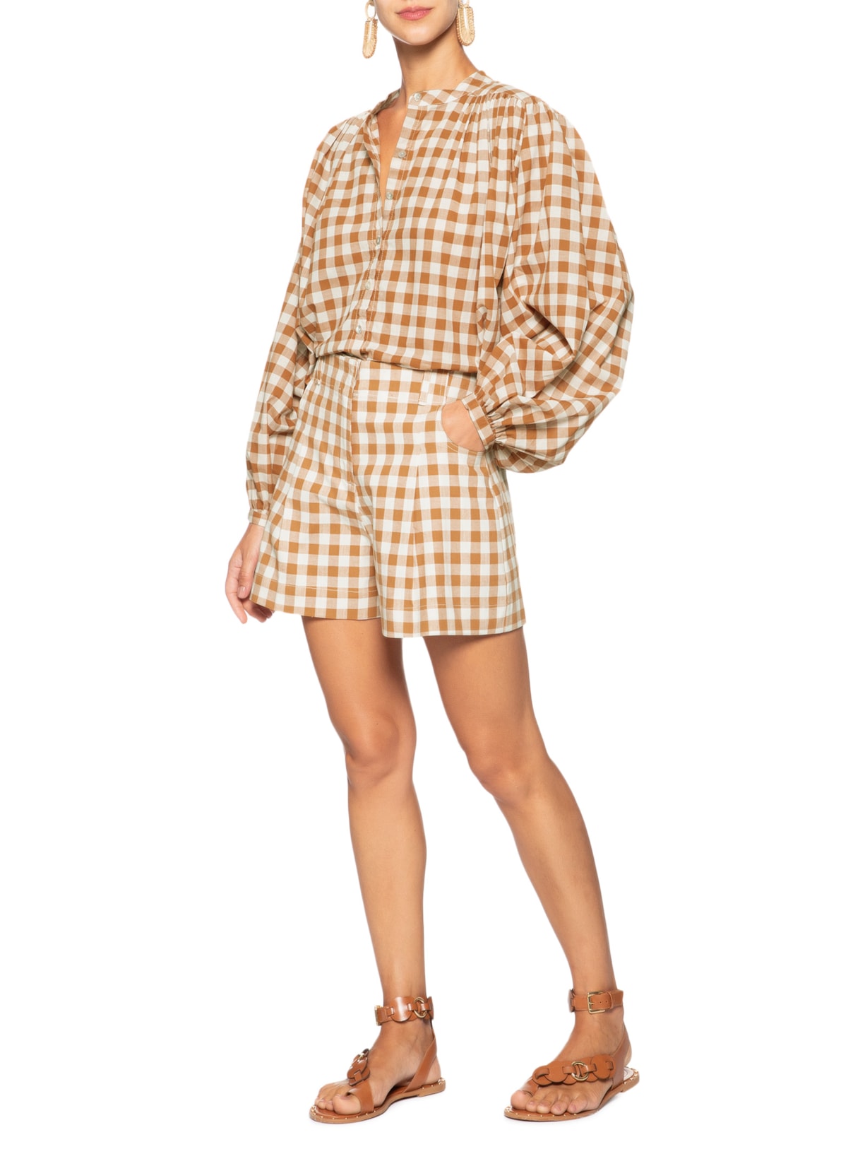 Short Feminino Algodão Xadrez Bege Dress To