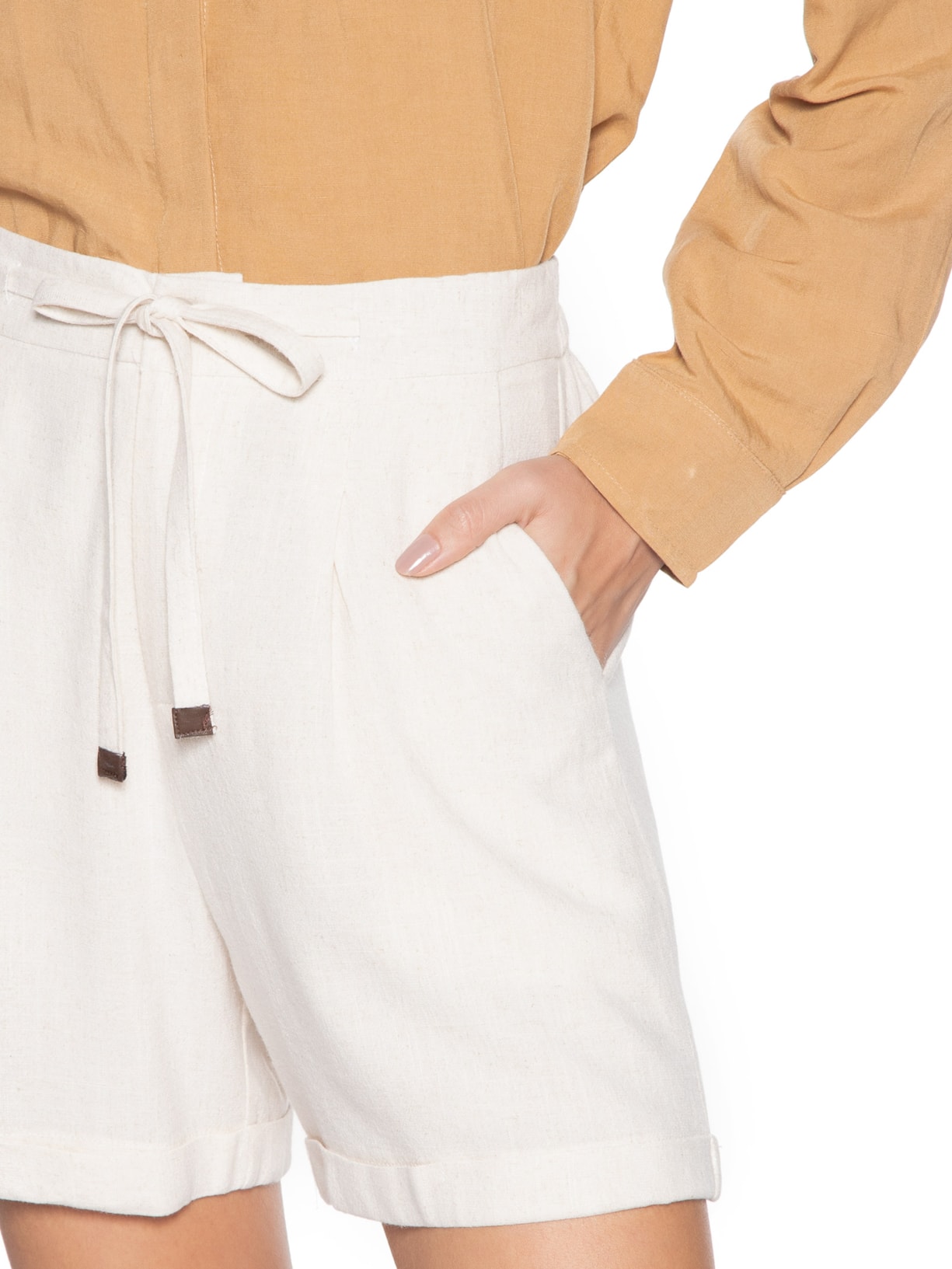 Short Feminino Amarração com Linho Bege Basiq