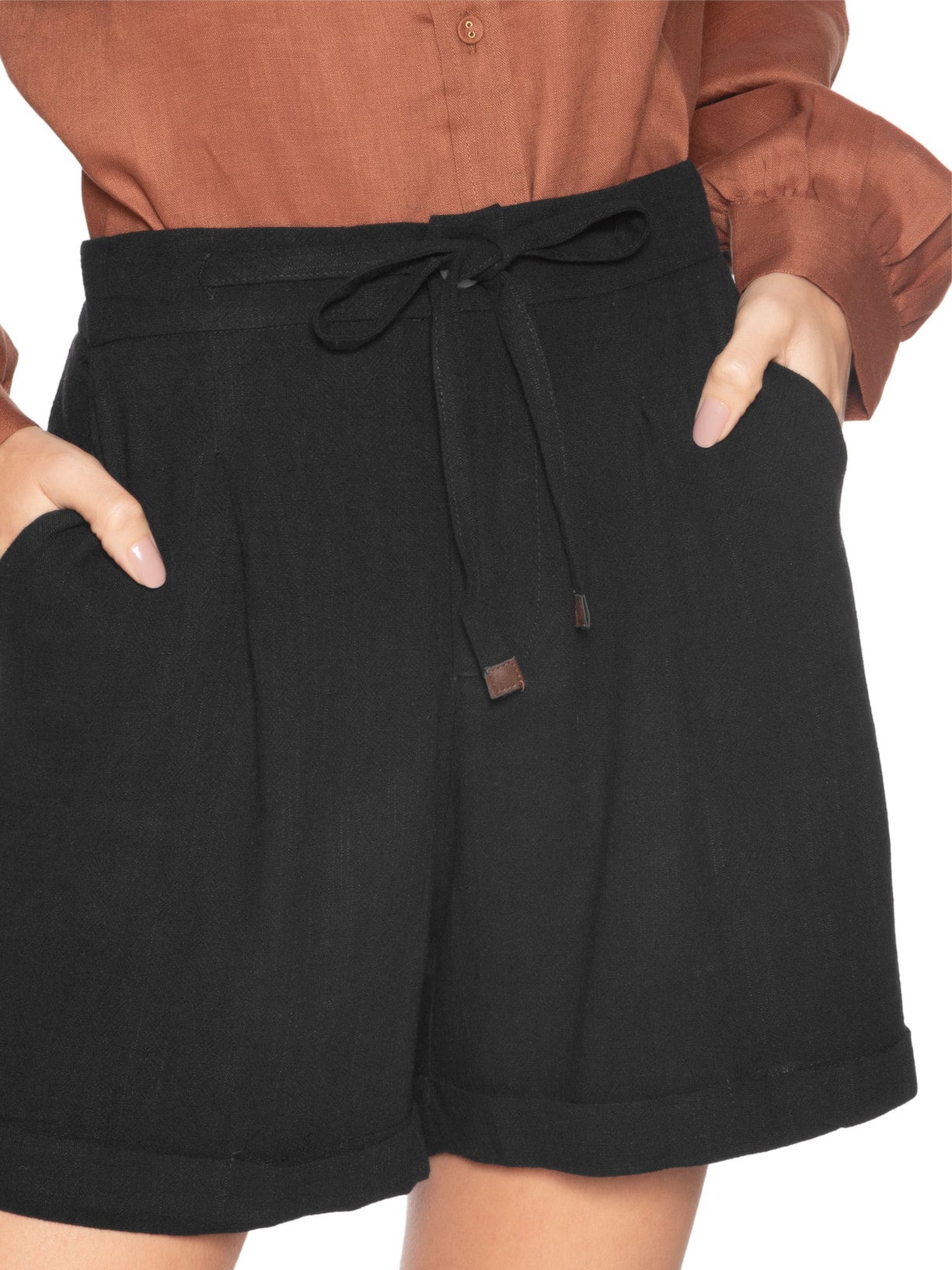 Short Feminino Amarração Com Linho Preto Basiq