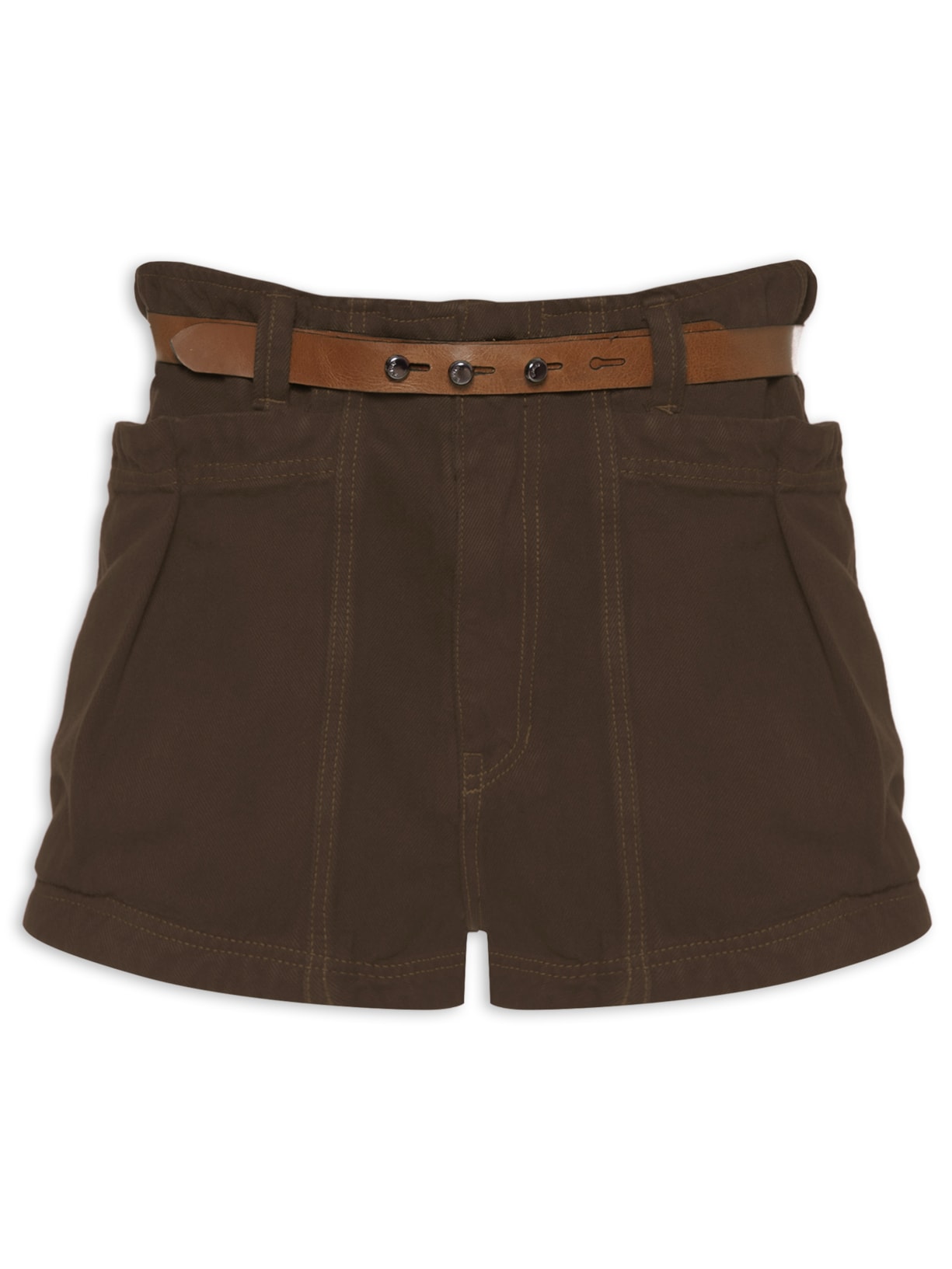 Short Feminino Cinto Couro Cacau Sarja - Marrom