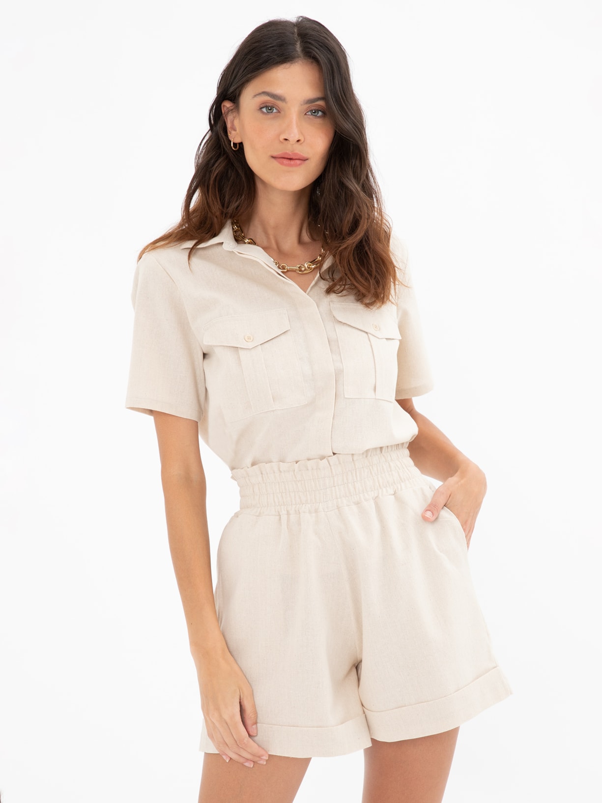 Short Feminino Cintura Alta Com Bolsos Bege '2Essential