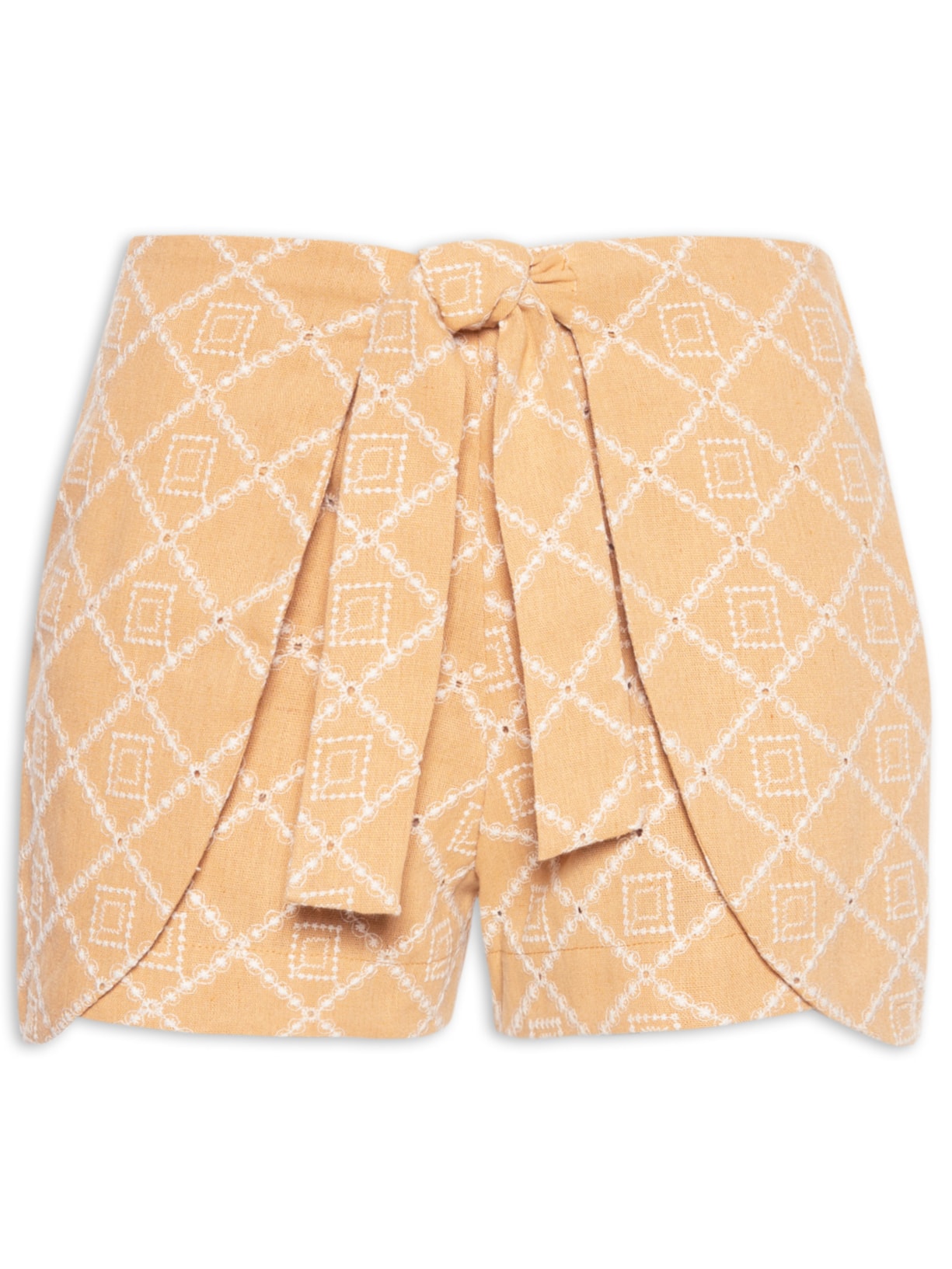 Short Feminino Cintura Alta Em Linho Misto Bordado - Bege