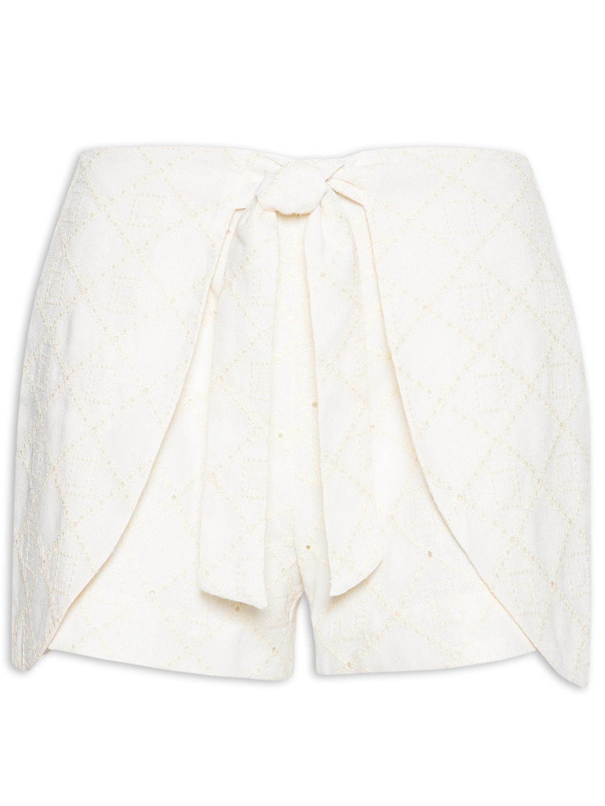 Short Feminino Cintura Alta Em Linho Misto Bordado - Off White