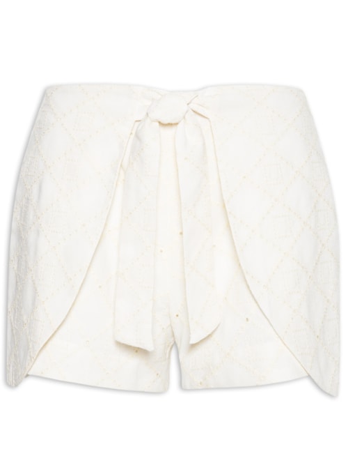 Short Feminino Cintura Alta Em Linho Misto Bordado - Off White