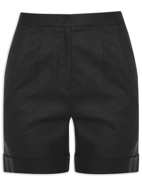 Short Feminino Cintura Alta Em Linho Misto - Preto
