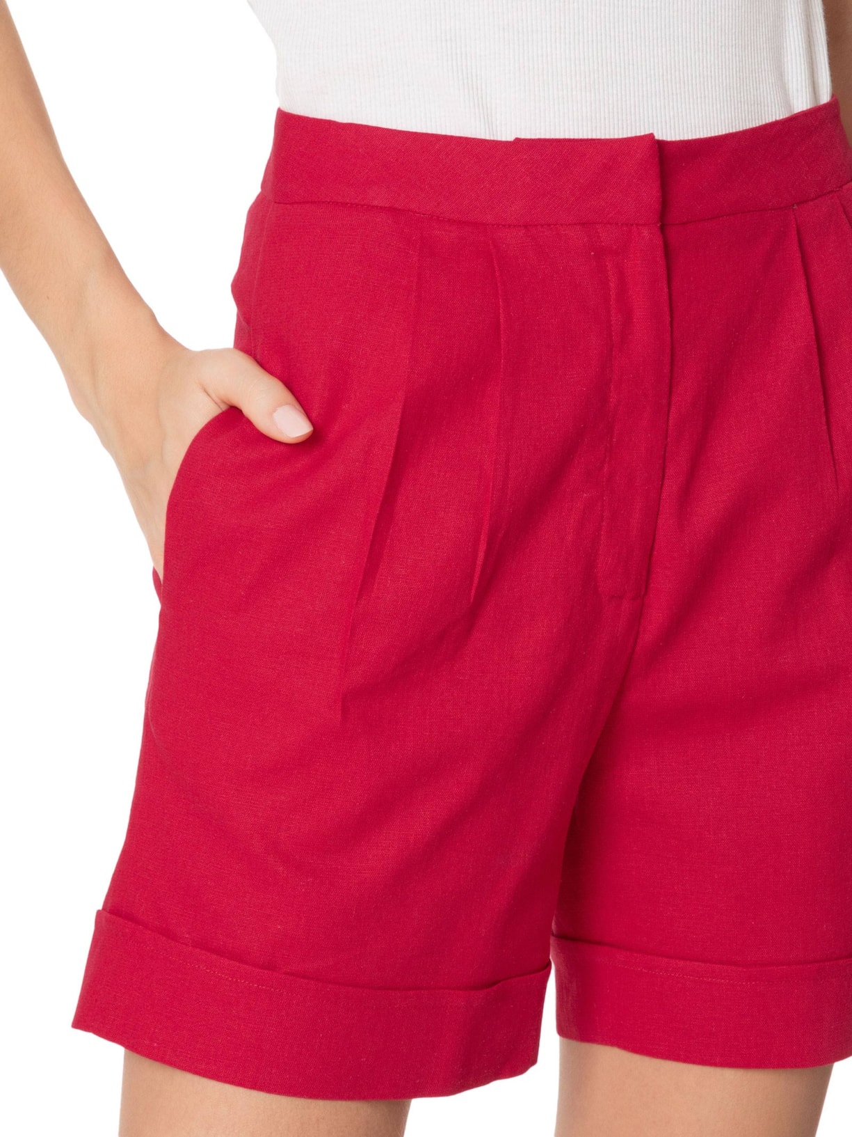 Short Feminino Cintura Alta Em Linho Misto Vermelho '2Essential