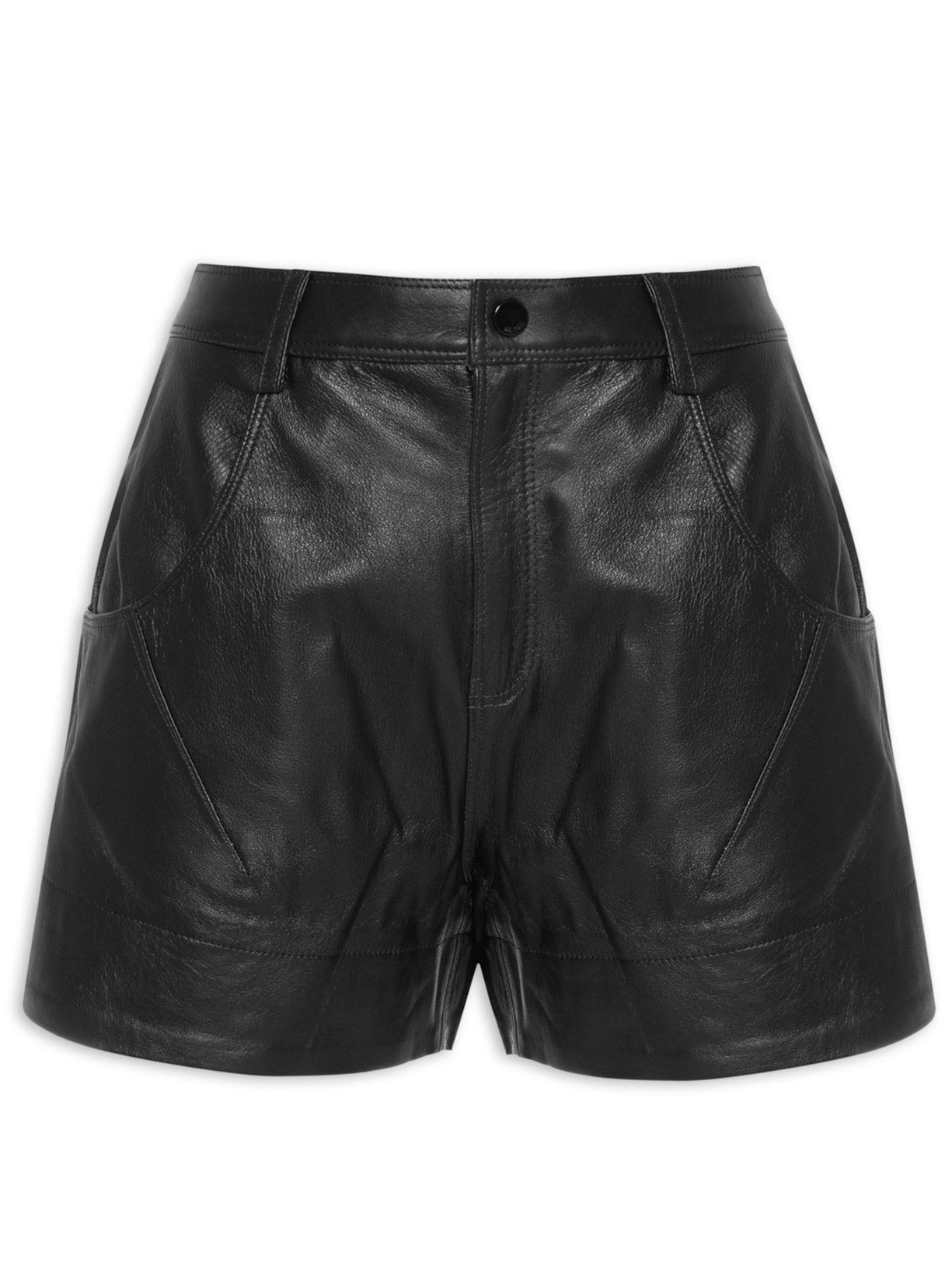 Short Feminino De Couro Curto Pespontado - Preto