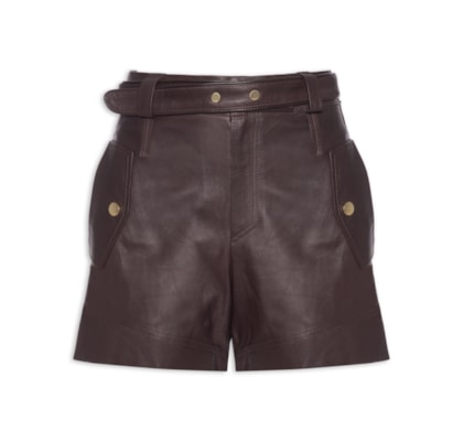 Short Feminino De Couro Faixa Amarração - Marrom