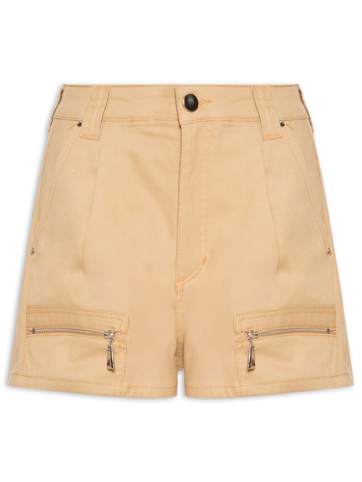 Short Feminino De Sarja Bolso Faca Cintura Média Bege Animale