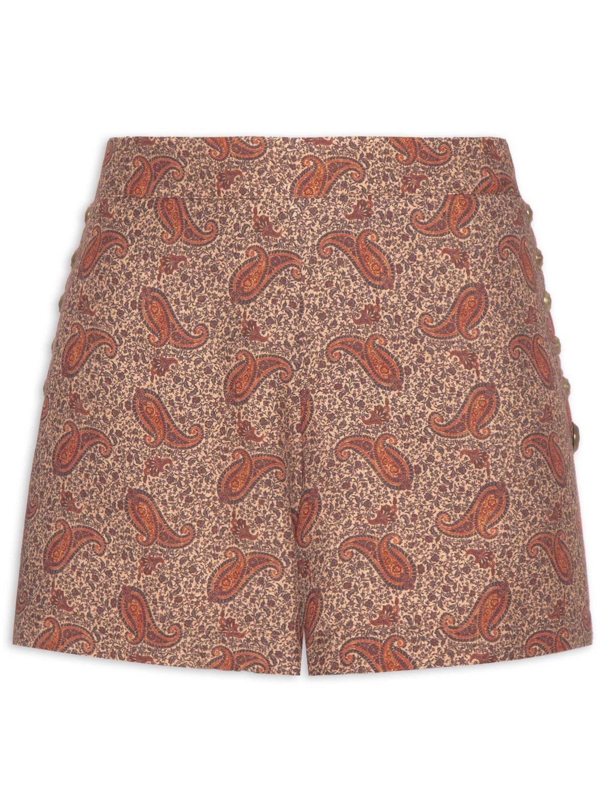 Short Feminino Detalhe Tachas Estampa Maya Marrom Maria Filó