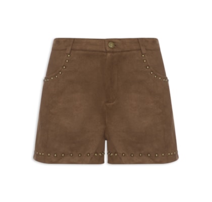 Short Feminino Em Suede Com Tachas - Marrom