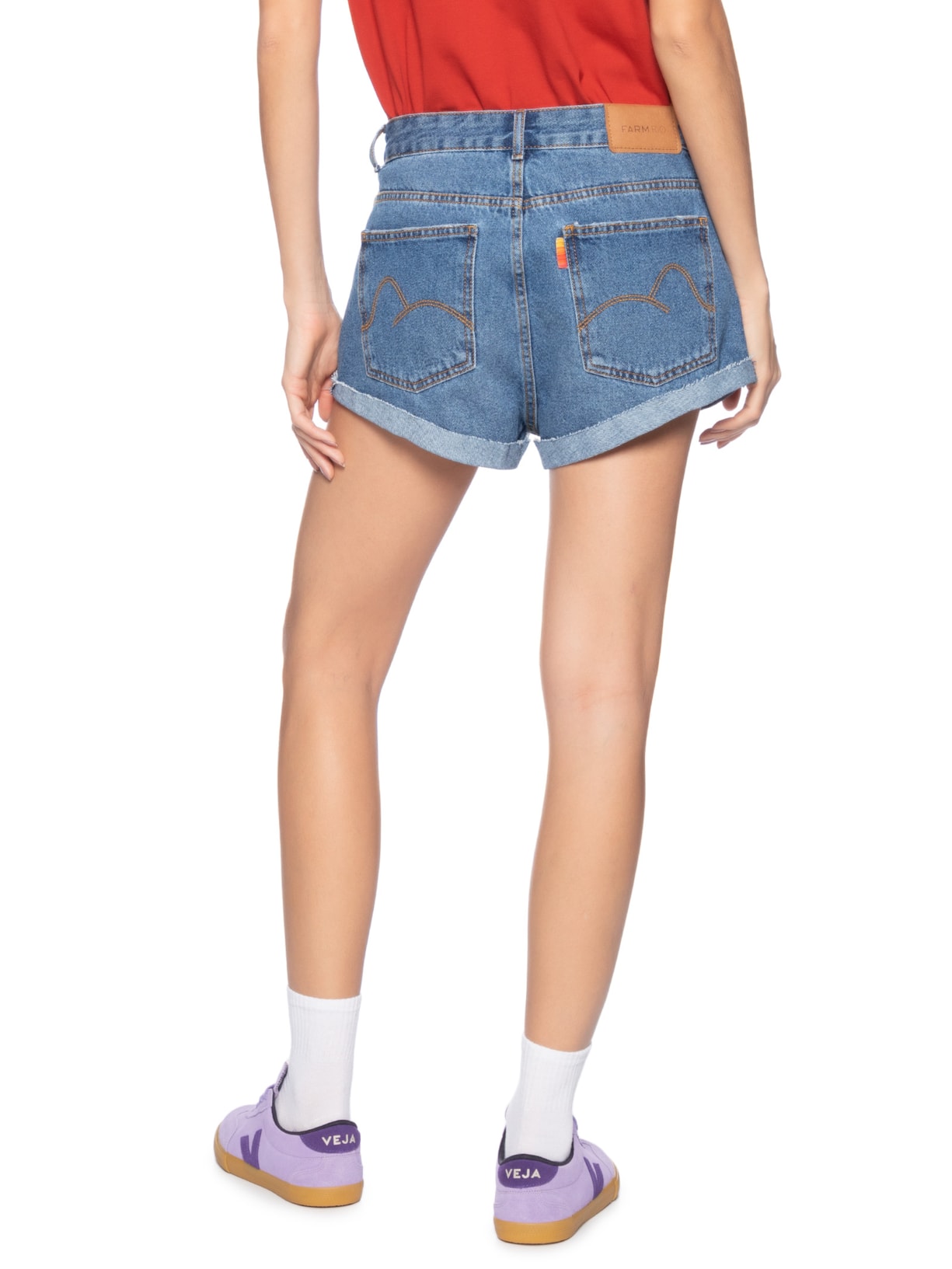 Short Feminino Jeans Baixo Bainha Dobrada Azul Farm