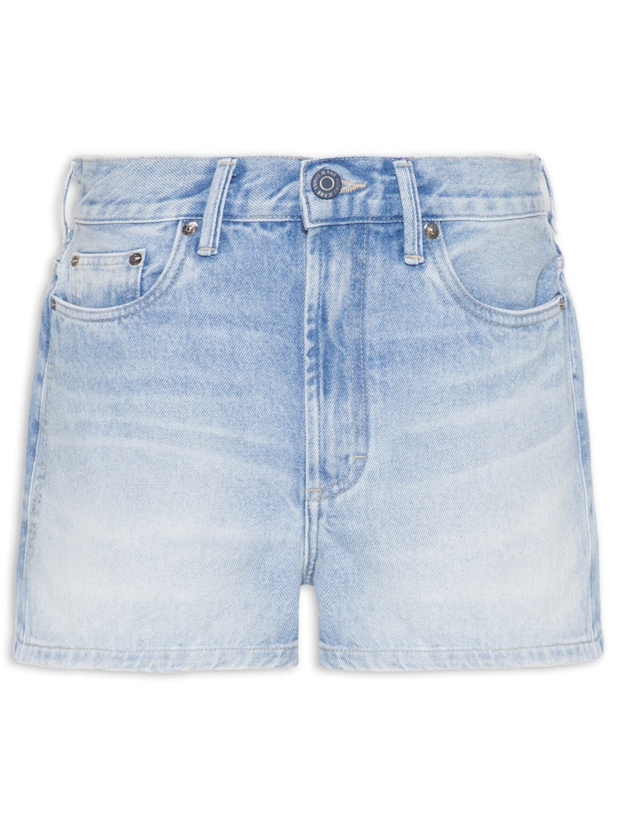 Short Feminino Jeans Basic Escrita Cristais - Azul