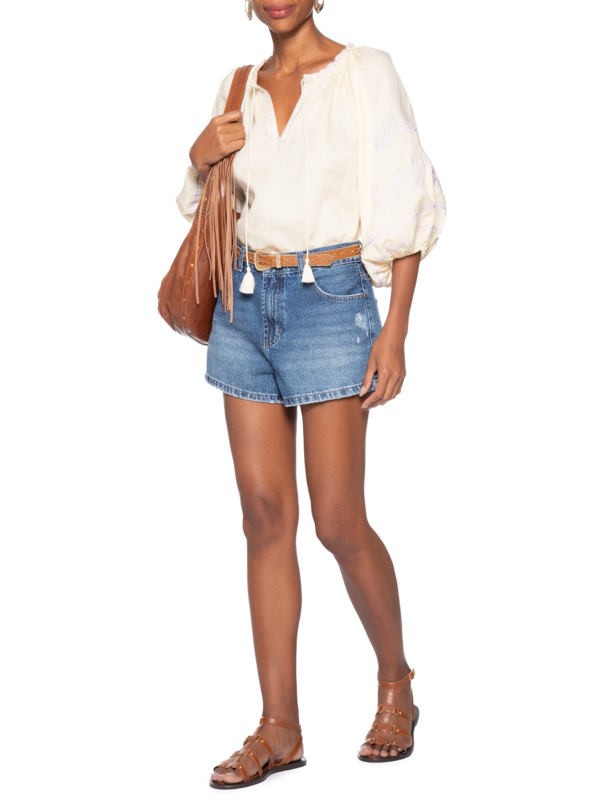 Short Feminino Jeans Bolsos Esmirilhados Azul Maria Filó