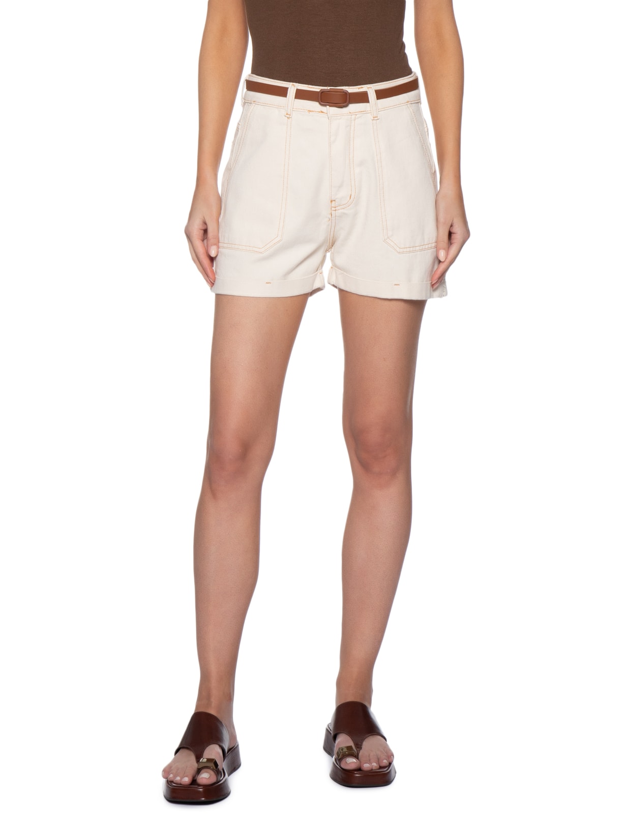 Short Feminino Jeans Com Cinto Off White Basiq