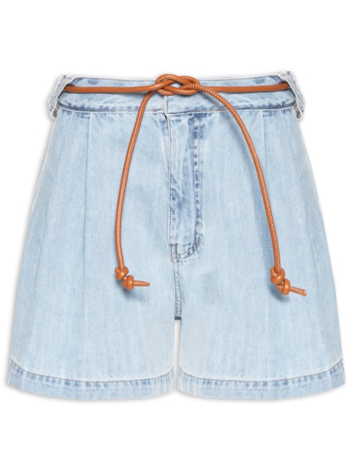 Short Feminino Jeans Evasê Pregas Cinto De Couro - Azul