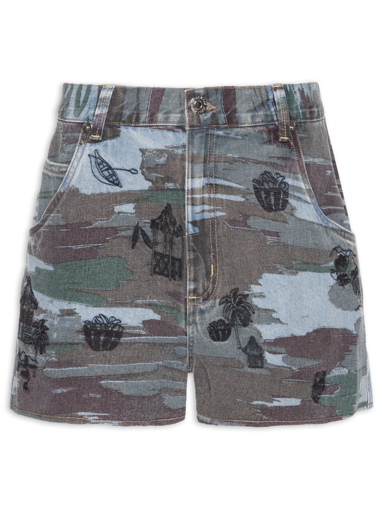 Short Feminino Jeans Overboy Camuflado Bordado - Azul