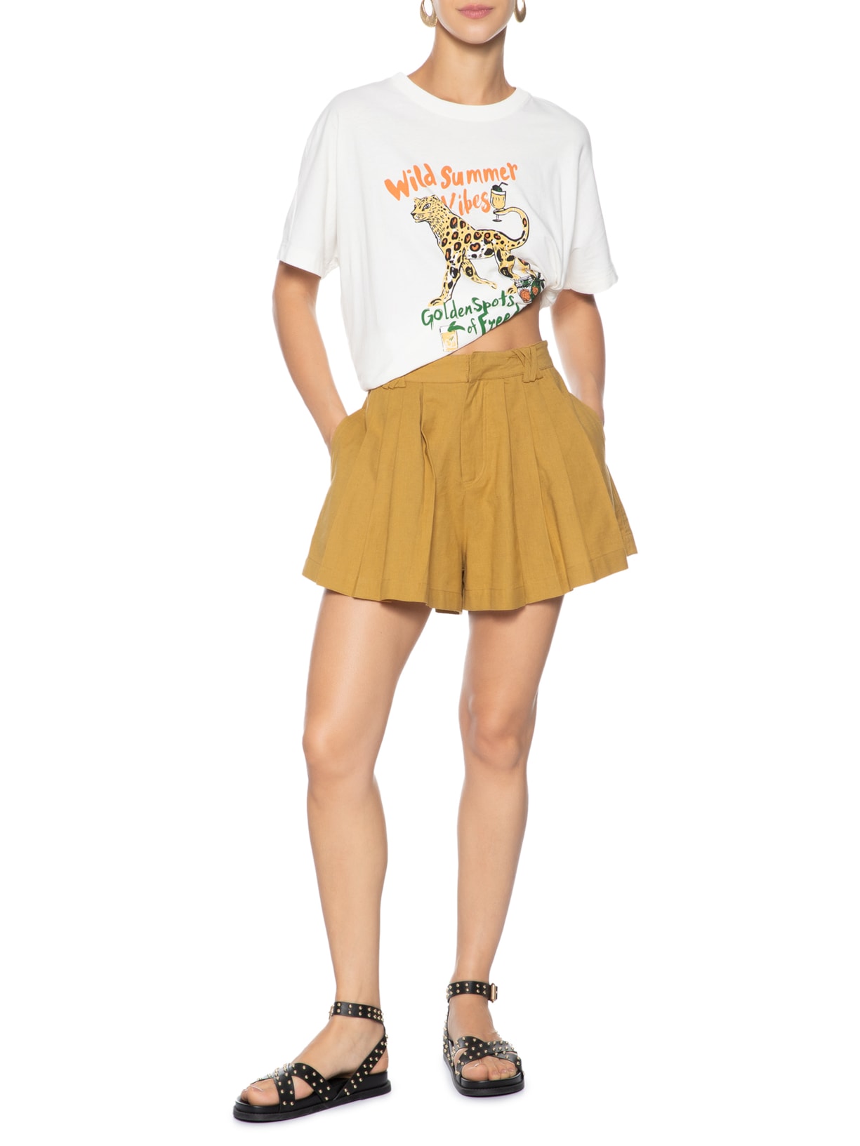 Short Feminino Like Linen Com Pregas Marrom Animale Jeans