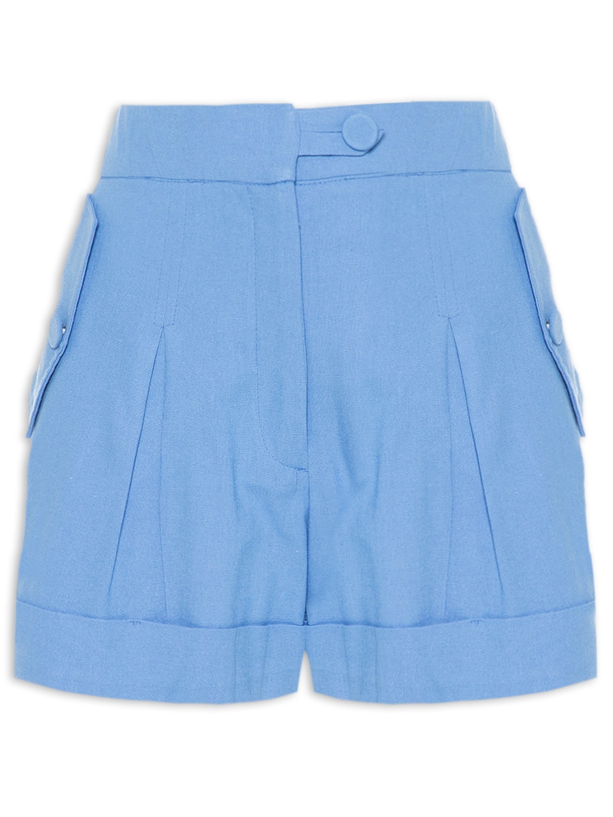 Short Feminino Linho Alfaiataria Bolsos Azul Dress To